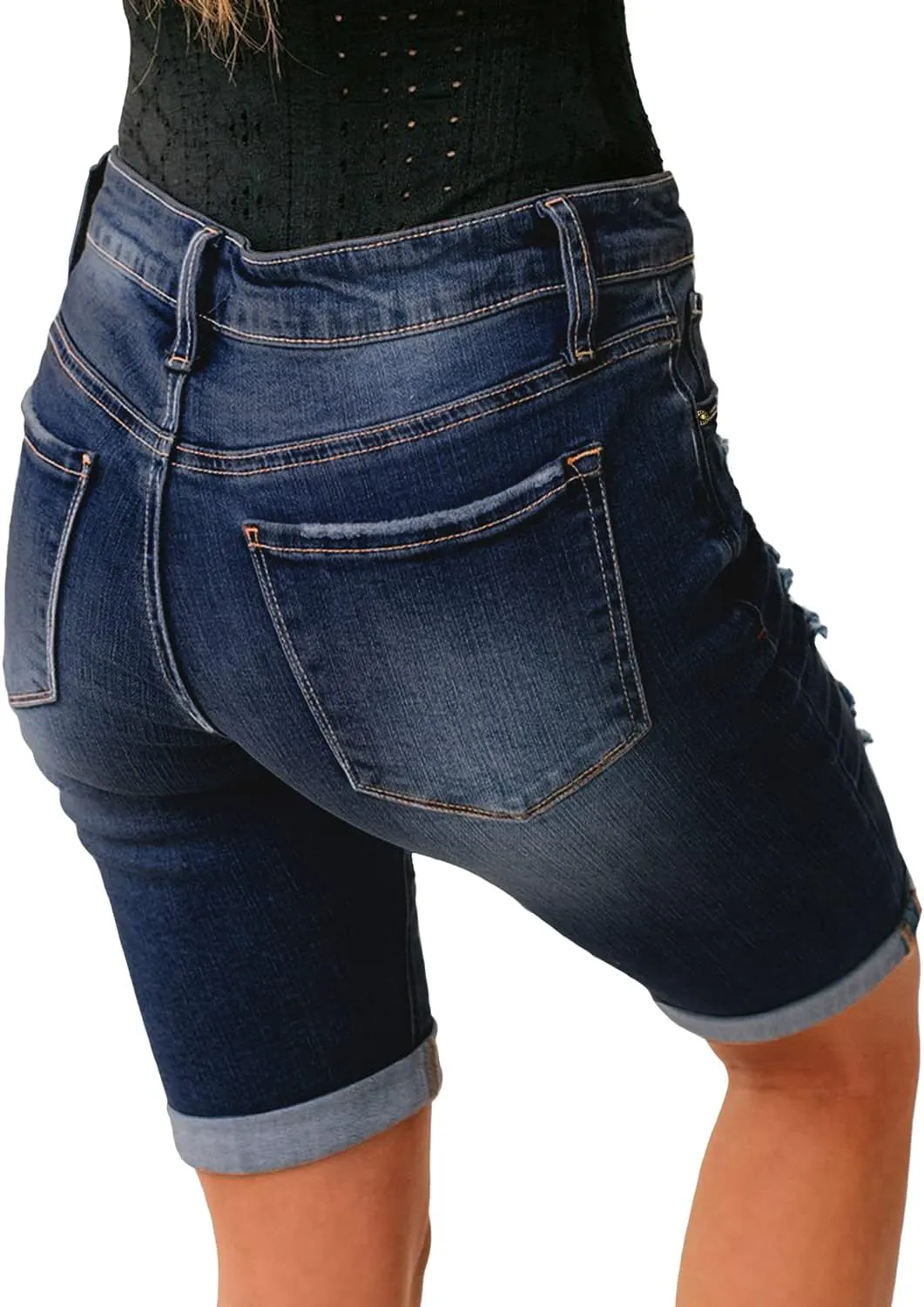luvamia Women High Waisted Stretch Bermuda Shorts Ripped Rolled Hem Jean Shorts