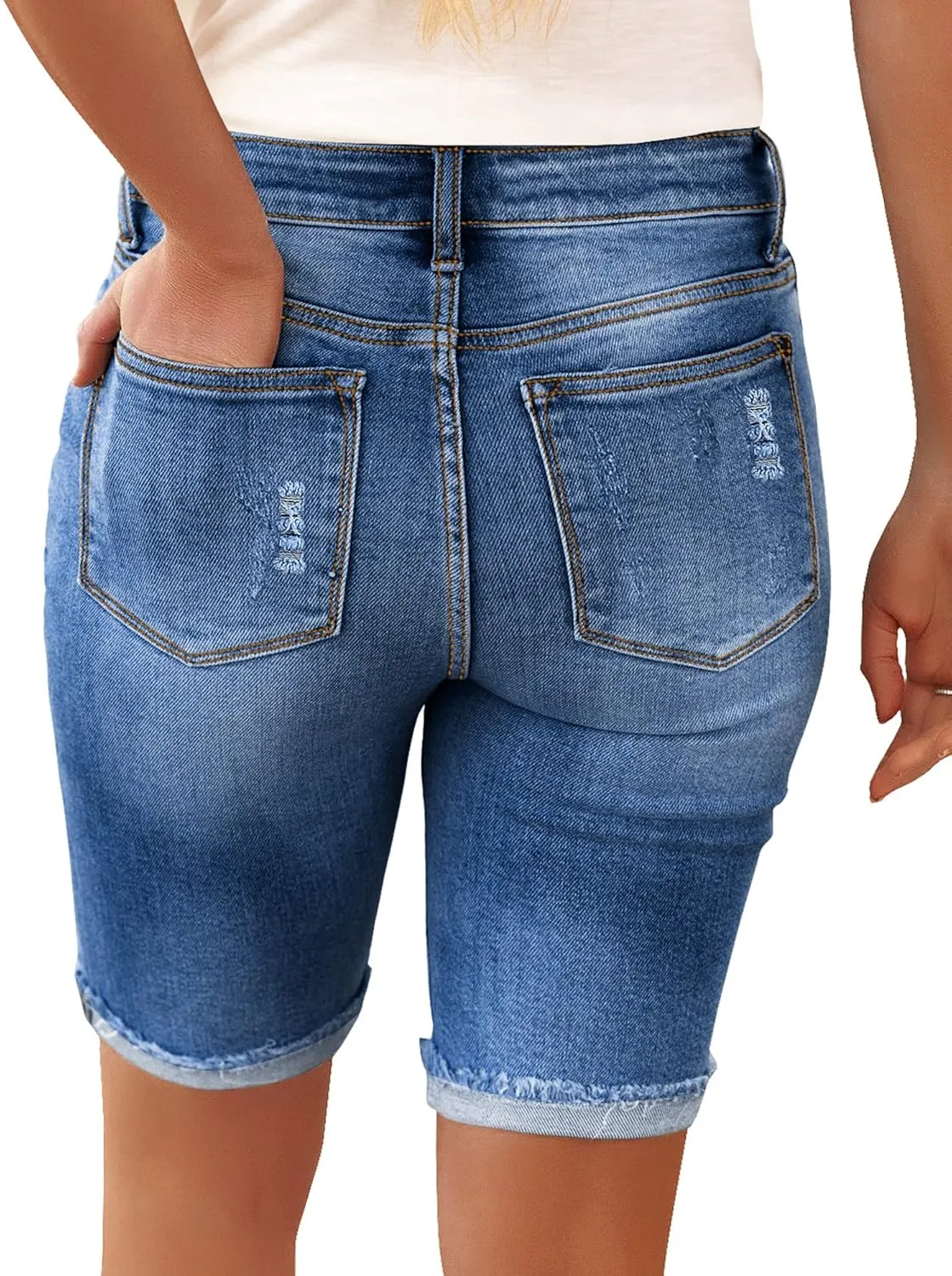 luvamia Women High Waisted Stretch Bermuda Shorts Ripped Rolled Hem Jean Shorts