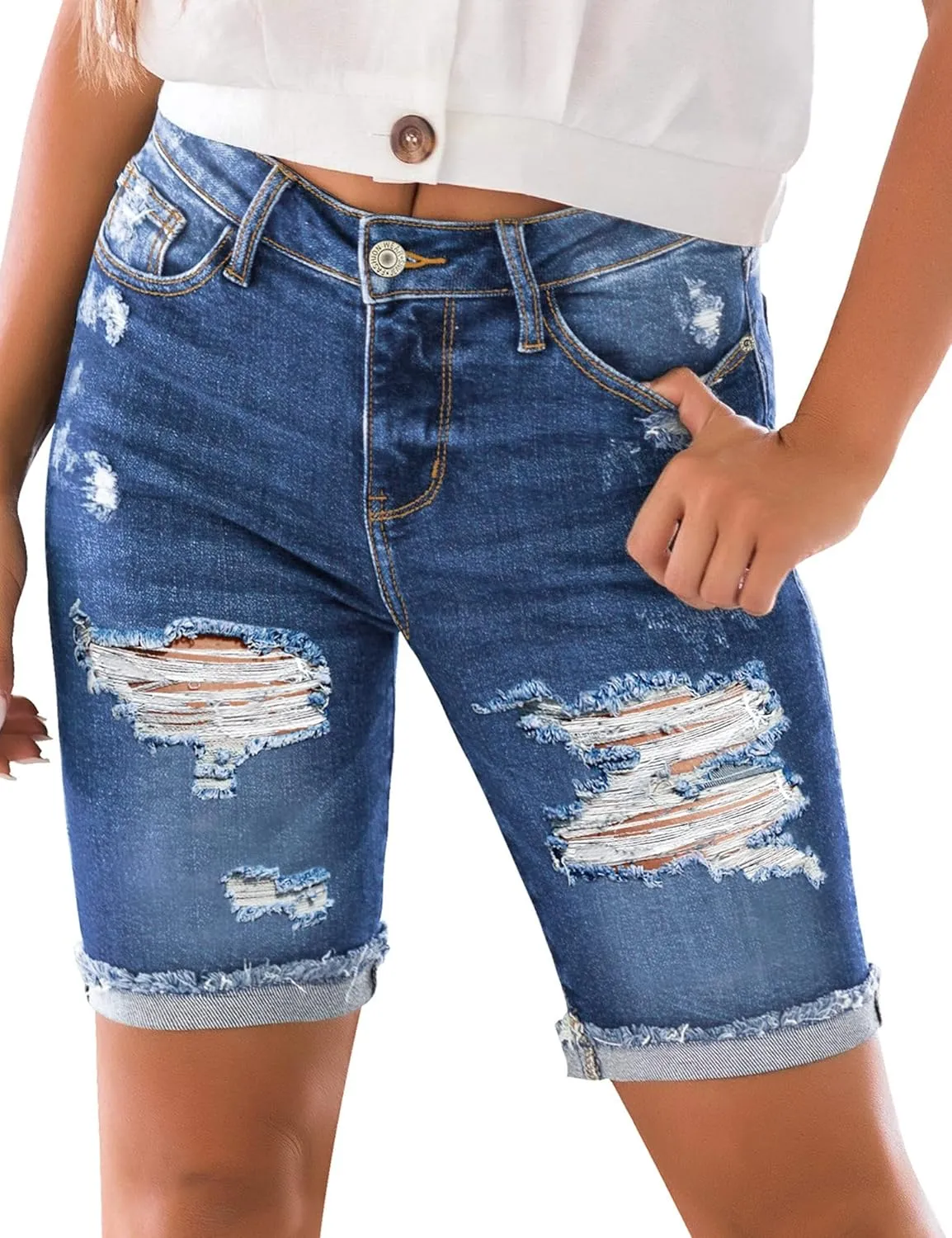 luvamia Women High Waisted Stretch Bermuda Shorts Ripped Rolled Hem Jean Shorts