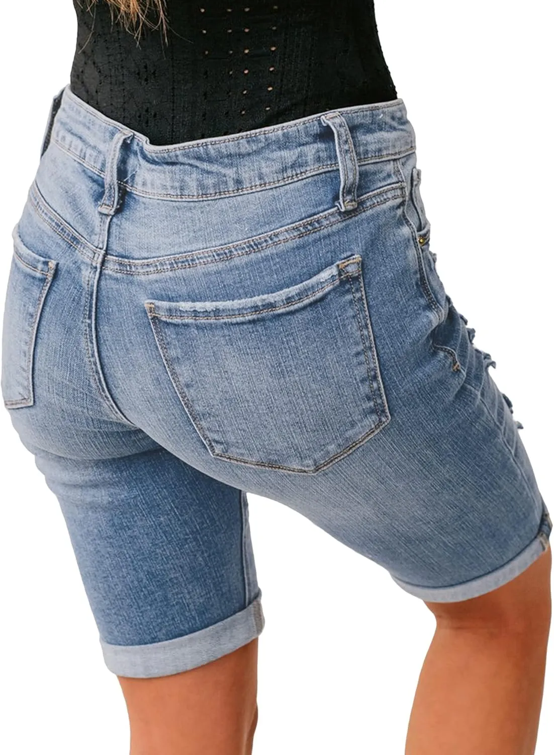 luvamia Women High Waisted Stretch Bermuda Shorts Ripped Rolled Hem Jean Shorts