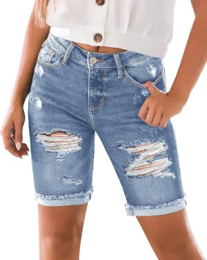 luvamia Women High Waisted Stretch Bermuda Shorts Ripped Rolled Hem Jean Shorts