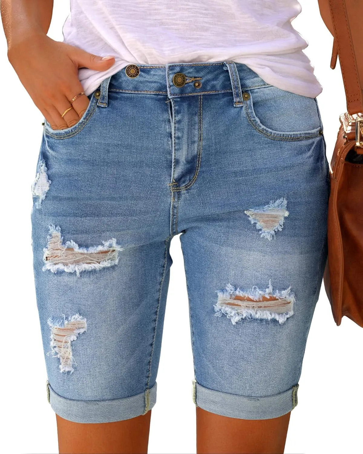 luvamia Women High Waisted Stretch Bermuda Shorts Ripped Rolled Hem Jean Shorts