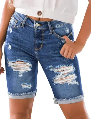 luvamia Women High Waisted Stretch Bermuda Shorts Ripped Rolled Hem Jean Shorts