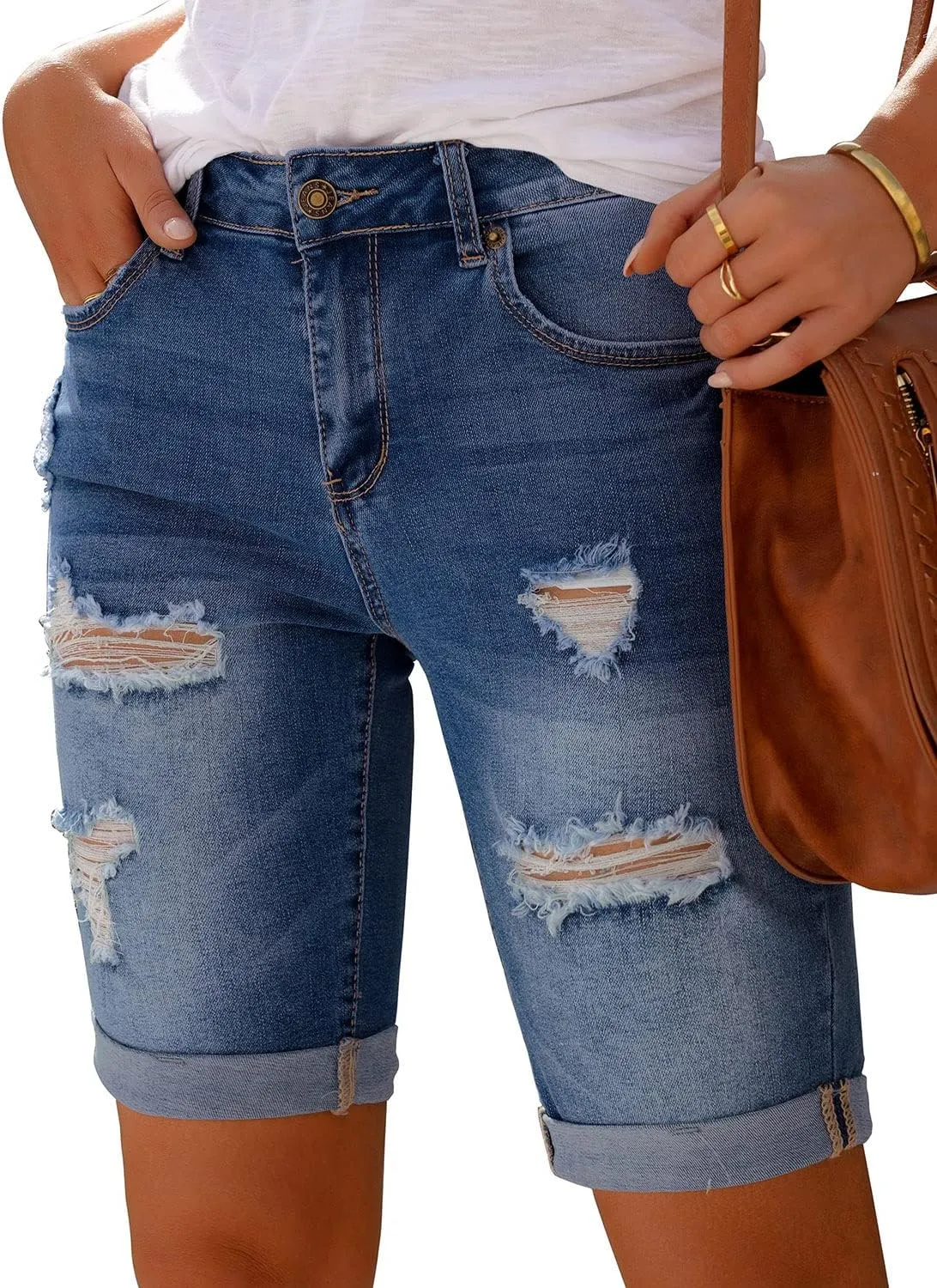 luvamia Women High Waisted Stretch Bermuda Shorts Ripped Rolled Hem Jean Shorts