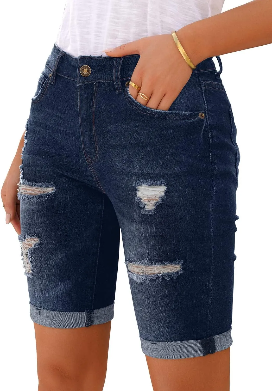 luvamia Women High Waisted Stretch Bermuda Shorts Ripped Rolled Hem Jean Shorts