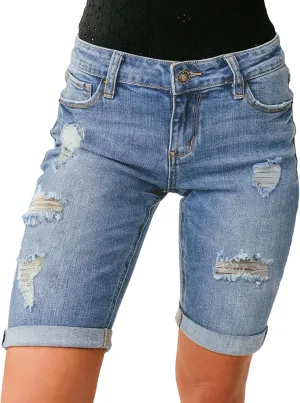 luvamia Women High Waisted Stretch Bermuda Shorts Ripped Rolled Hem Jean Shorts