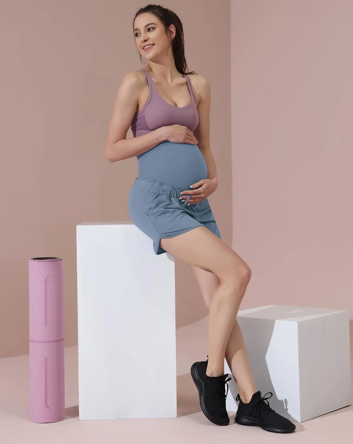 Maacie Maternity High Waist Shorts Drawstring Workout Shorts with Pockets