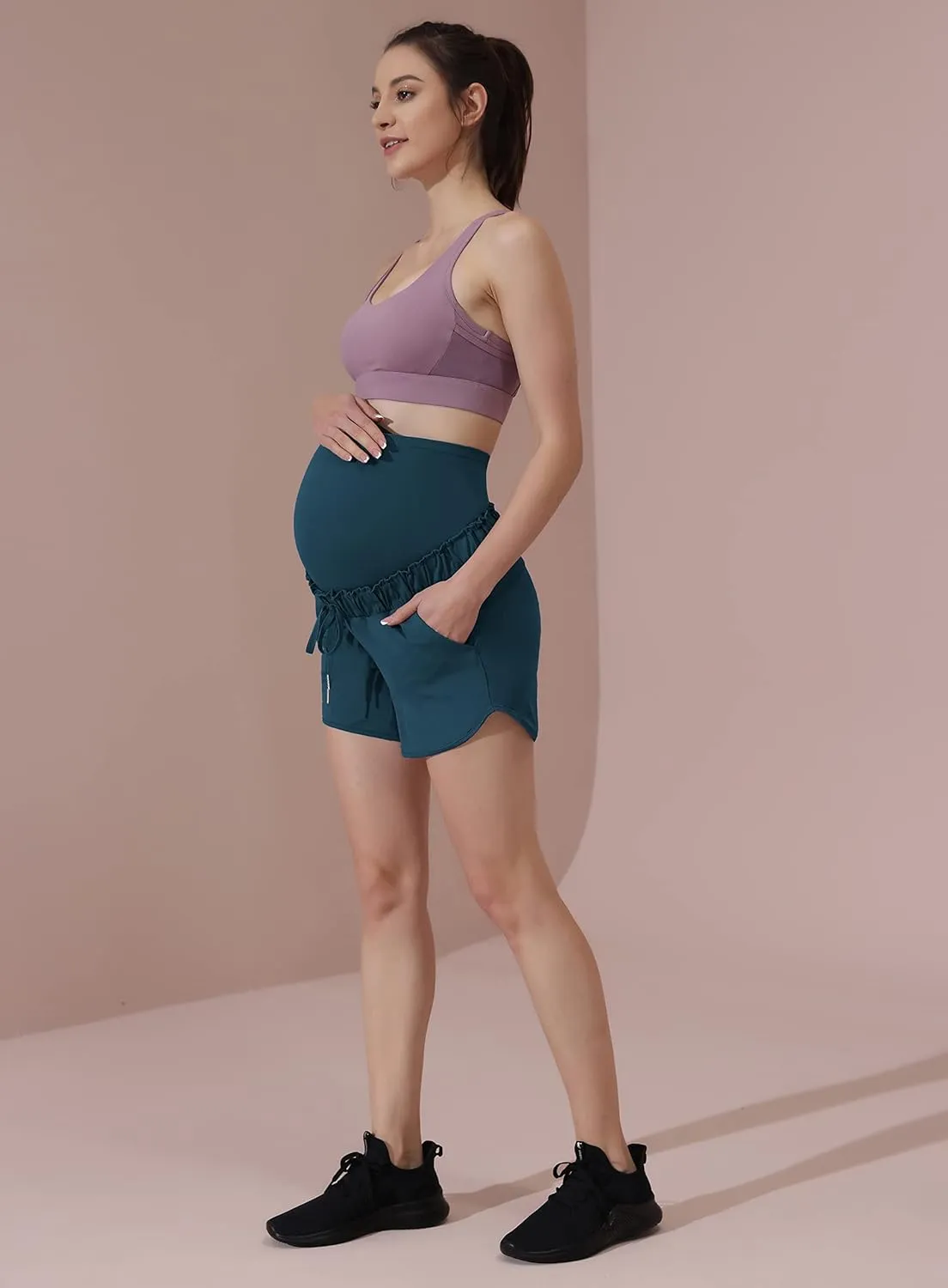 Maacie Maternity High Waist Shorts Drawstring Workout Shorts with Pockets