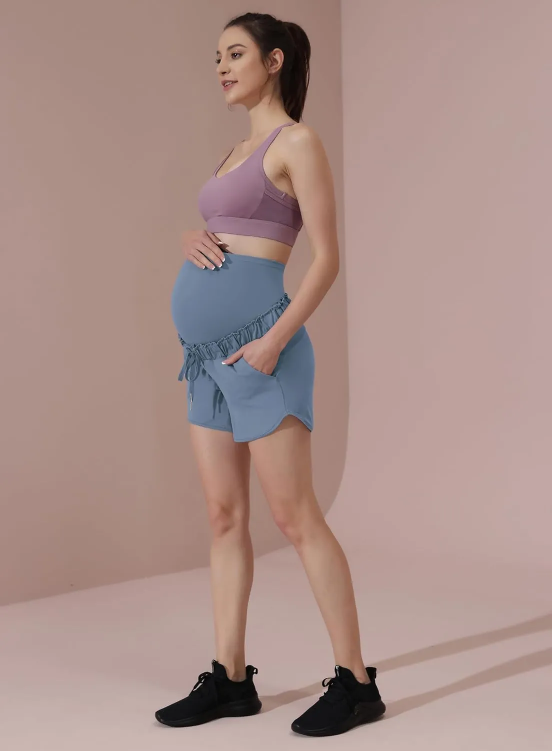 Maacie Maternity High Waist Shorts Drawstring Workout Shorts with Pockets