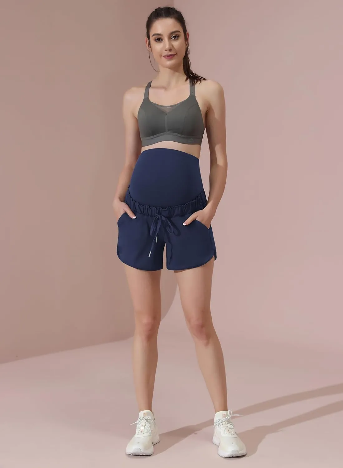 Maacie Maternity High Waist Shorts Drawstring Workout Shorts with Pockets