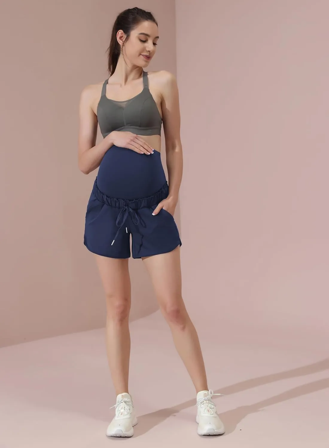Maacie Maternity High Waist Shorts Drawstring Workout Shorts with Pockets