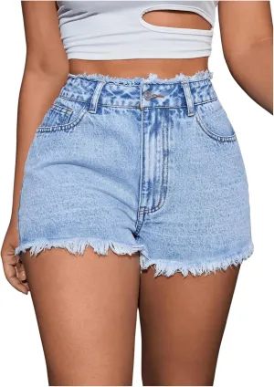 MakeMeChic Women's High Waisted Denim Shorts Frayed Raw Button Jean Shorts