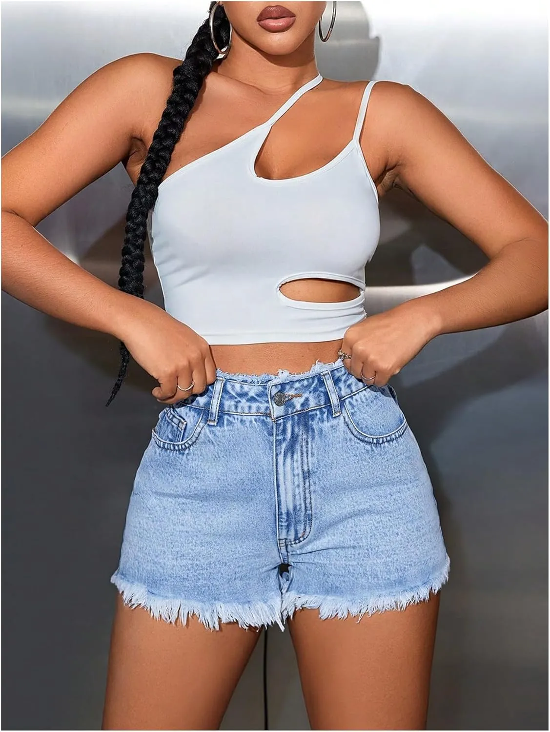 MakeMeChic Women's High Waisted Denim Shorts Frayed Raw Button Jean Shorts