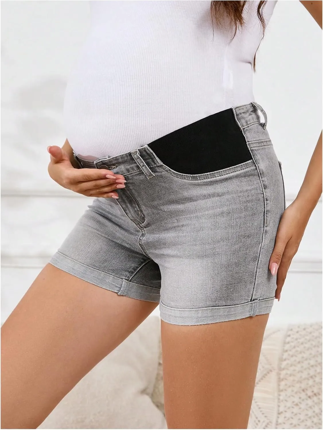 MakeMeChic Women's Maternity Denim Shorts Button Skinny Jeans Shorts with Pocket