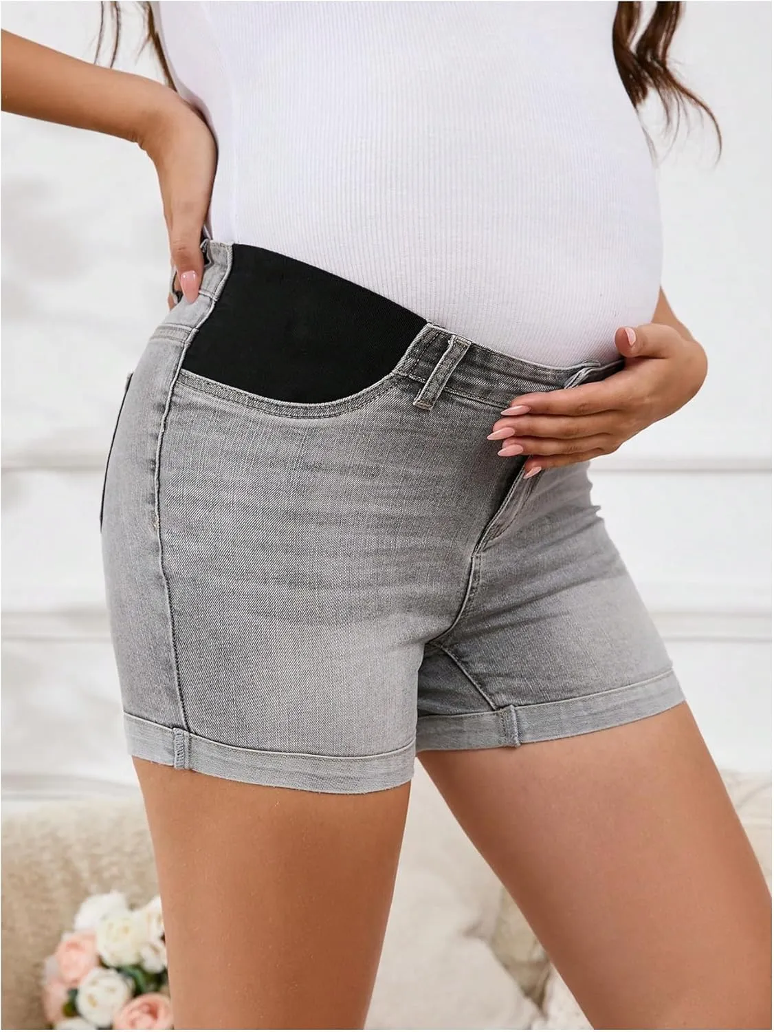 MakeMeChic Women's Maternity Denim Shorts Button Skinny Jeans Shorts with Pocket