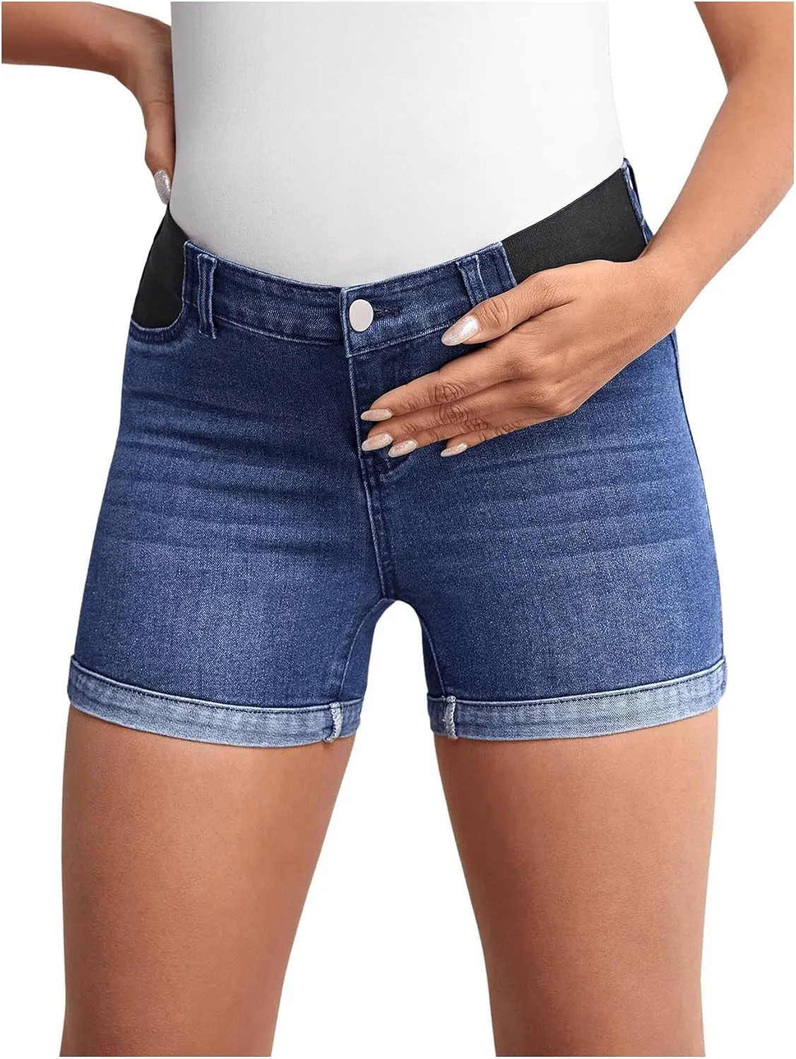 MakeMeChic Women's Maternity Denim Shorts Button Skinny Jeans Shorts with Pocket