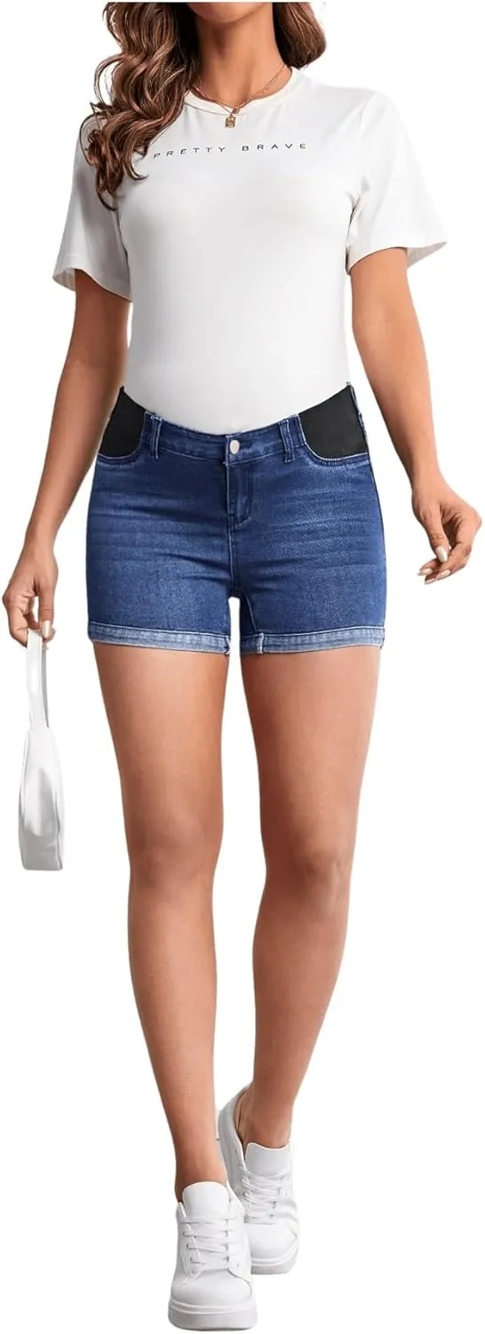 MakeMeChic Women's Maternity Denim Shorts Button Skinny Jeans Shorts with Pocket