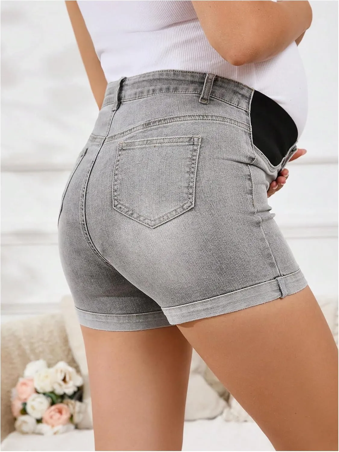 MakeMeChic Women's Maternity Denim Shorts Button Skinny Jeans Shorts with Pocket