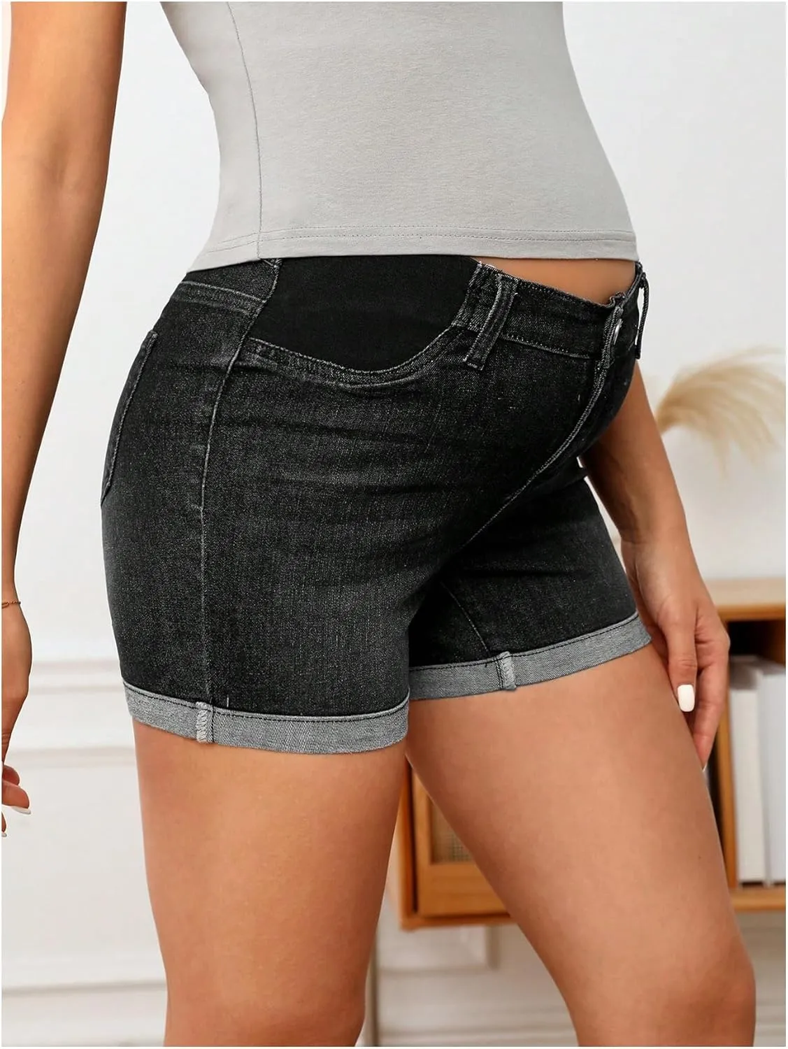 MakeMeChic Women's Maternity Denim Shorts Button Skinny Jeans Shorts with Pocket