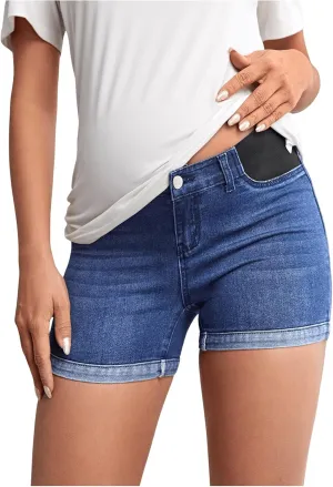 MakeMeChic Women's Maternity Denim Shorts Button Skinny Jeans Shorts with Pocket