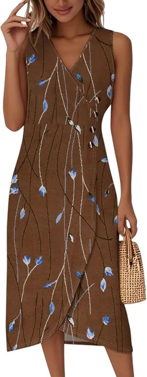 Maxi Dresses for Women 2025 Summer V Neck Loose Irregular Hem Tank Dress Casual Wrap Sundress Printed Beach Vacation Dress