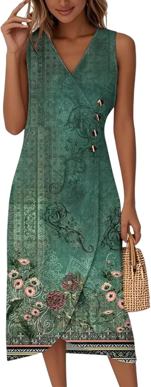 Maxi Dresses for Women 2025 Summer V Neck Loose Irregular Hem Tank Dress Casual Wrap Sundress Printed Beach Vacation Dress