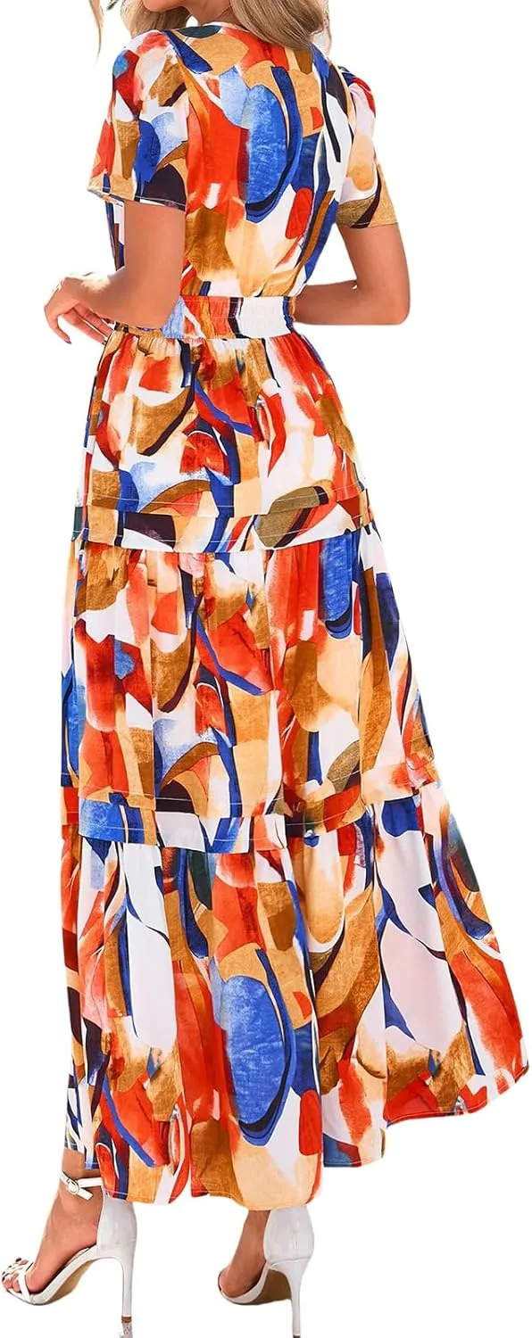 Maxi Dresses for Women V Neck Boho Dress Ruffle Dresses High Waist Floral Tiered Sundress Summer Beach Vacation Dress