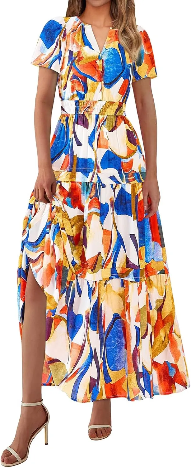 Maxi Dresses for Women V Neck Boho Dress Ruffle Dresses High Waist Floral Tiered Sundress Summer Beach Vacation Dress