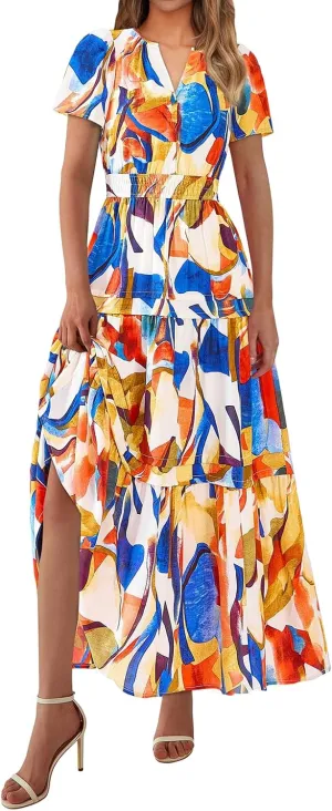 Maxi Dresses for Women V Neck Boho Dress Ruffle Dresses High Waist Floral Tiered Sundress Summer Beach Vacation Dress