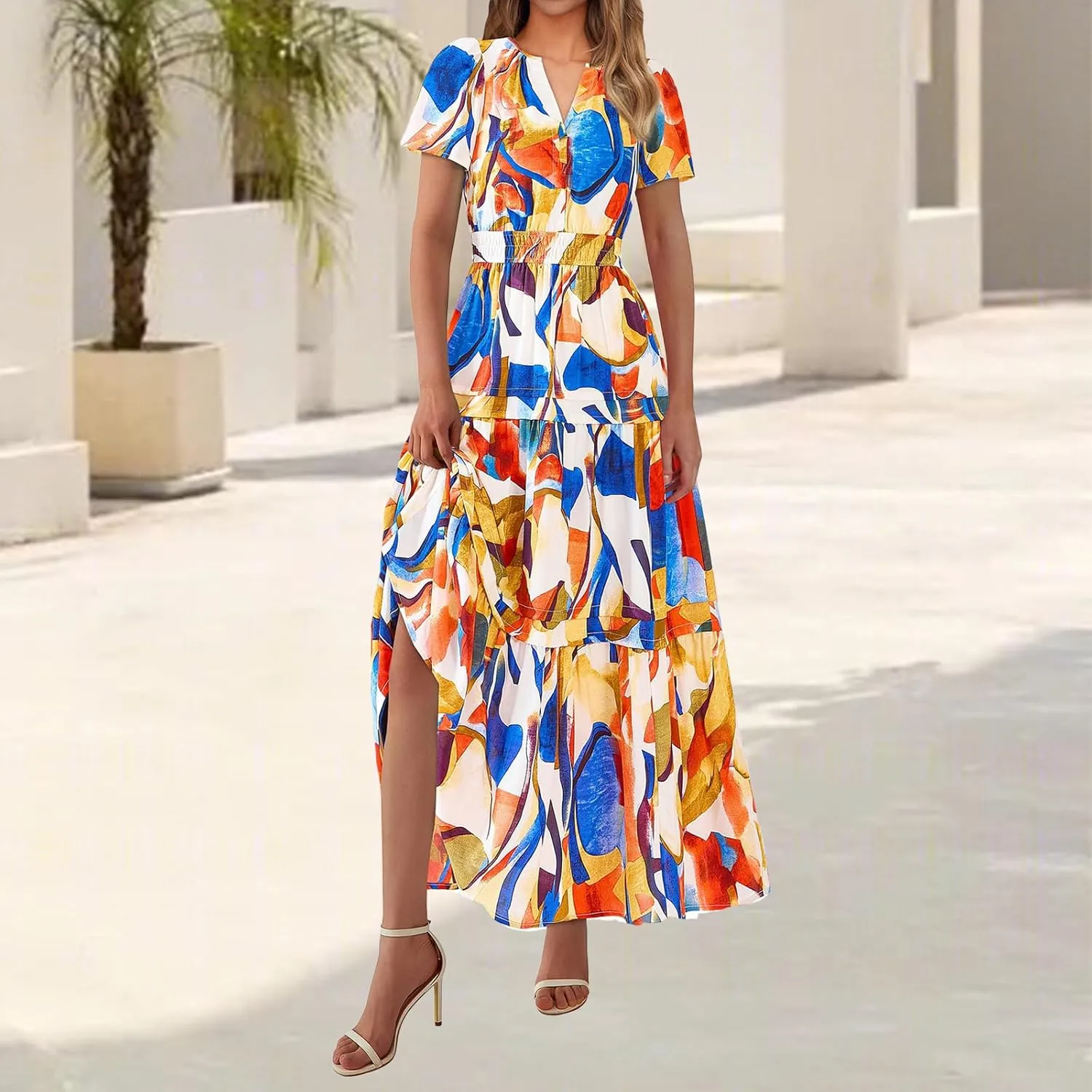 Maxi Dresses for Women V Neck Boho Dress Ruffle Dresses High Waist Floral Tiered Sundress Summer Beach Vacation Dress