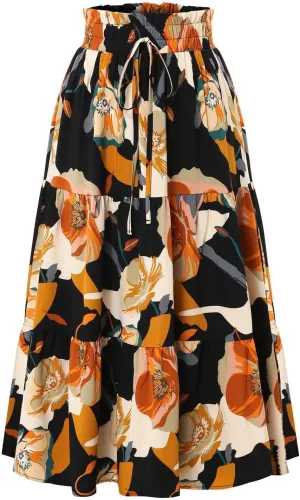 Maxi Skirts for Women Boho Floral Print Tiered Flowy Skirt Vacation Elastic Drawstring Waist A Line Pleated Skirt