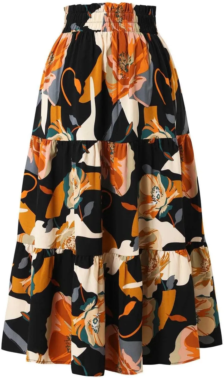 Maxi Skirts for Women Boho Floral Print Tiered Flowy Skirt Vacation Elastic Drawstring Waist A Line Pleated Skirt