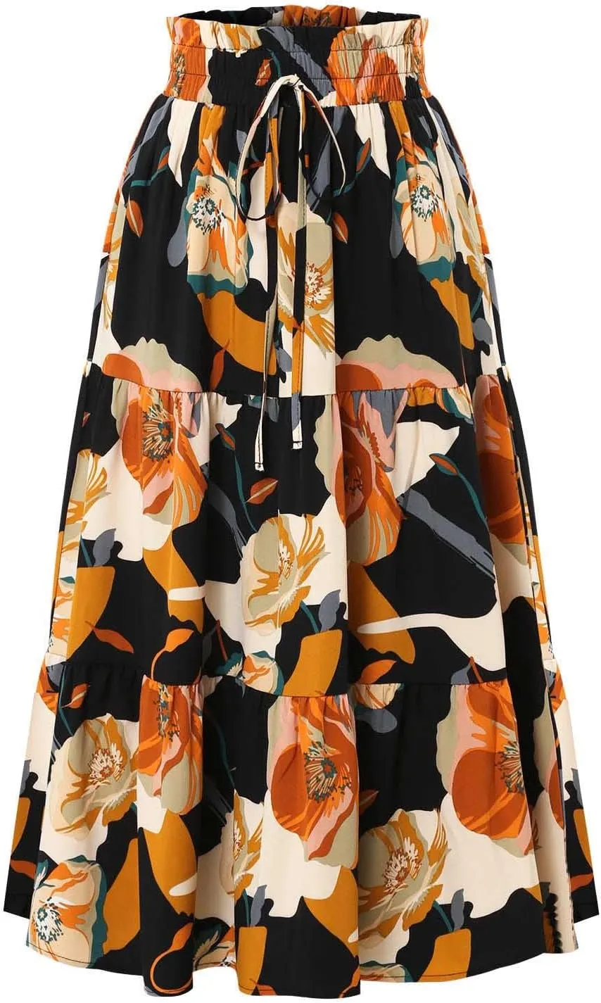 Maxi Skirts for Women Boho Floral Print Tiered Flowy Skirt Vacation Elastic Drawstring Waist A Line Pleated Skirt