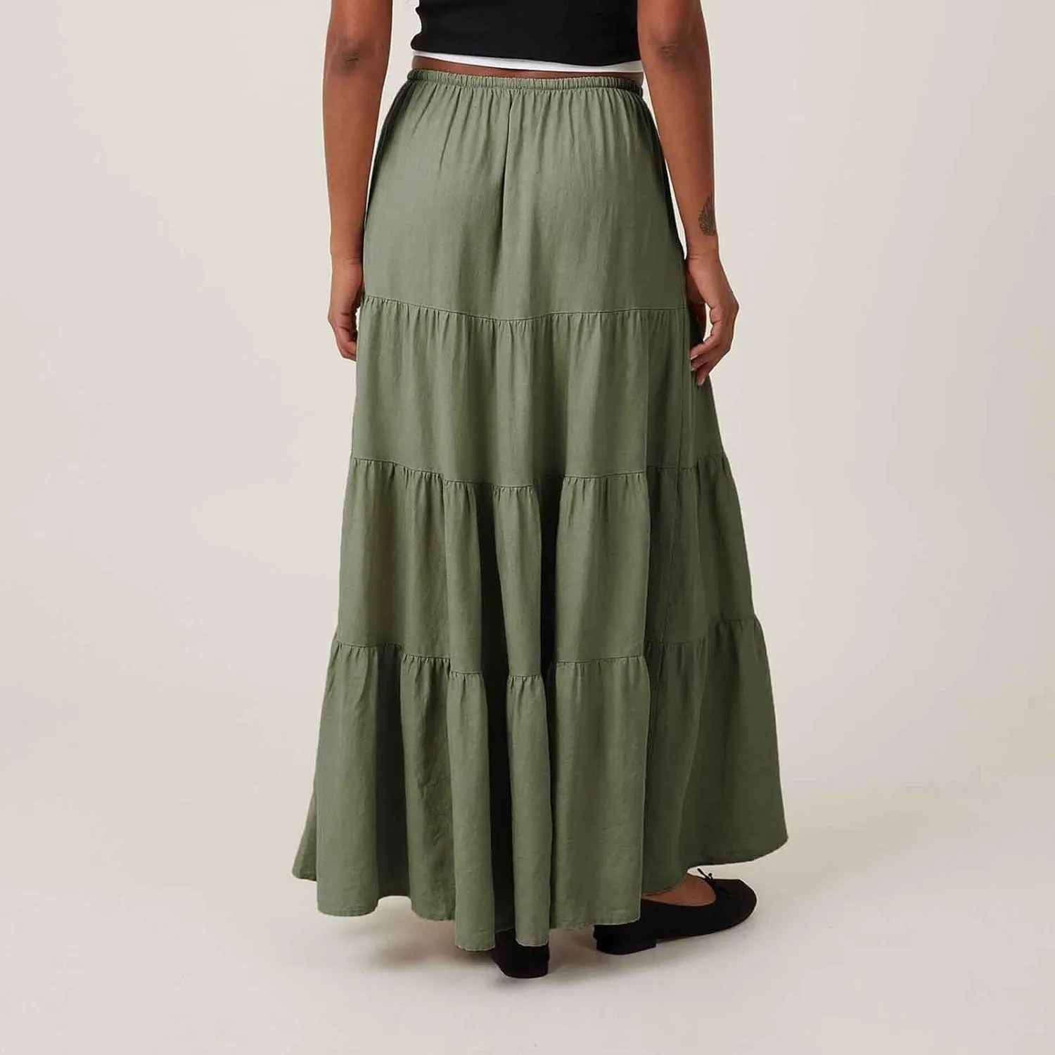 Maxi Skirts for Women Elastic Drawstring Waist Tiered Flowy Pleated Skirts Vacation Summer Solid Ruched Boho Skirt