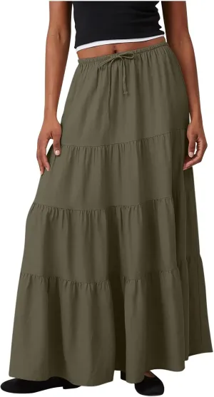 Maxi Skirts for Women Elastic Drawstring Waist Tiered Flowy Pleated Skirts Vacation Summer Solid Ruched Boho Skirt