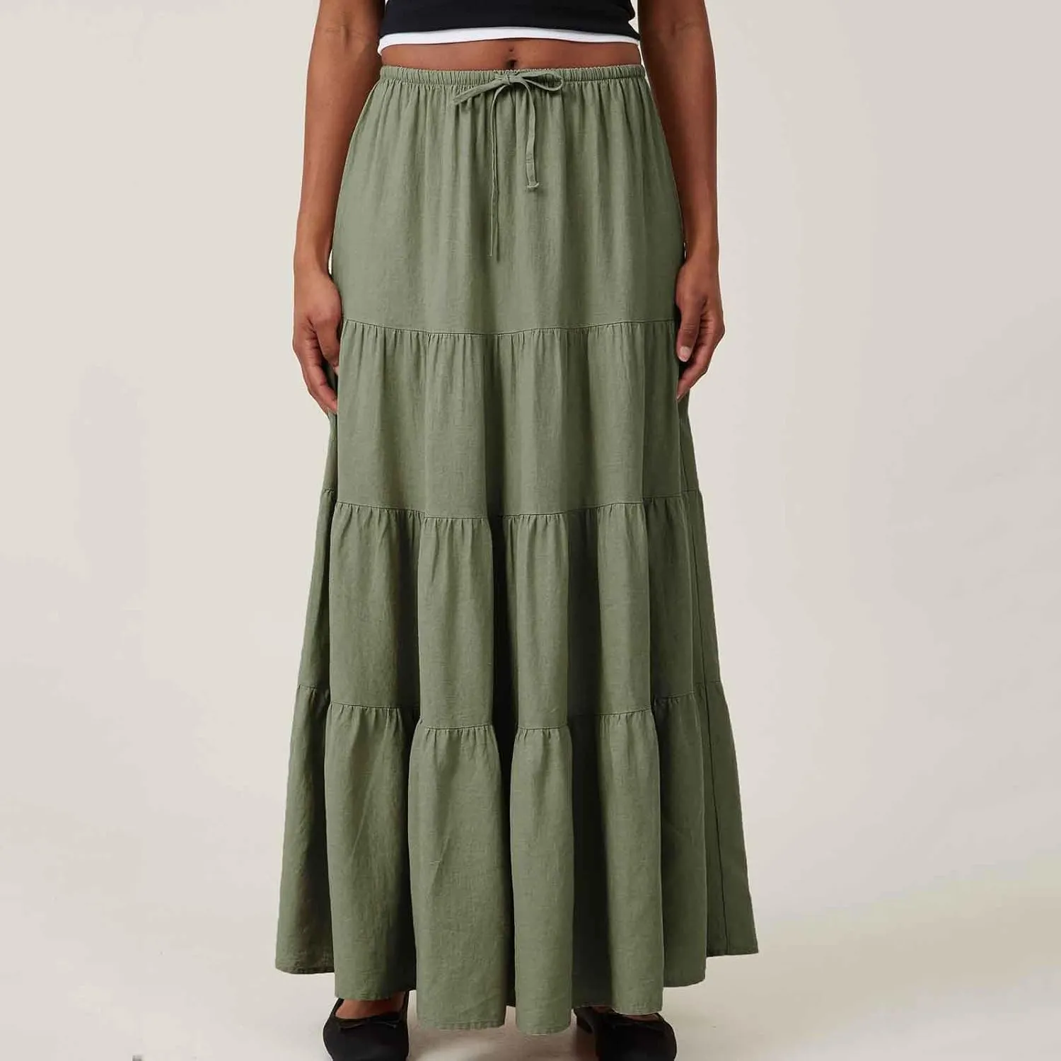 Maxi Skirts for Women Elastic Drawstring Waist Tiered Flowy Pleated Skirts Vacation Summer Solid Ruched Boho Skirt