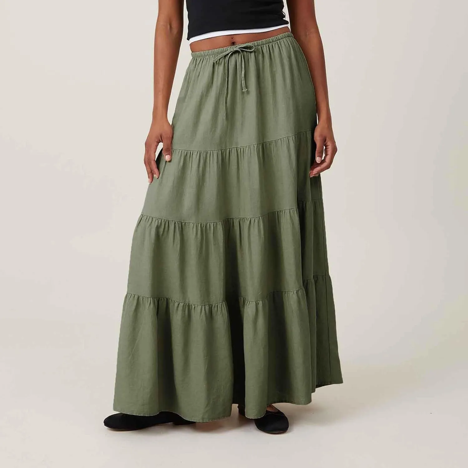 Maxi Skirts for Women Elastic Drawstring Waist Tiered Flowy Pleated Skirts Vacation Summer Solid Ruched Boho Skirt