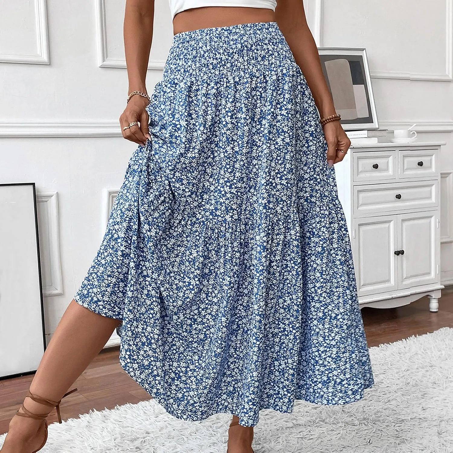 Maxi Skirts for Women Floral Boho Beach Flowy Tiered Midi Skirt High Waisted Long Skirts Drawstring A Line Skirt