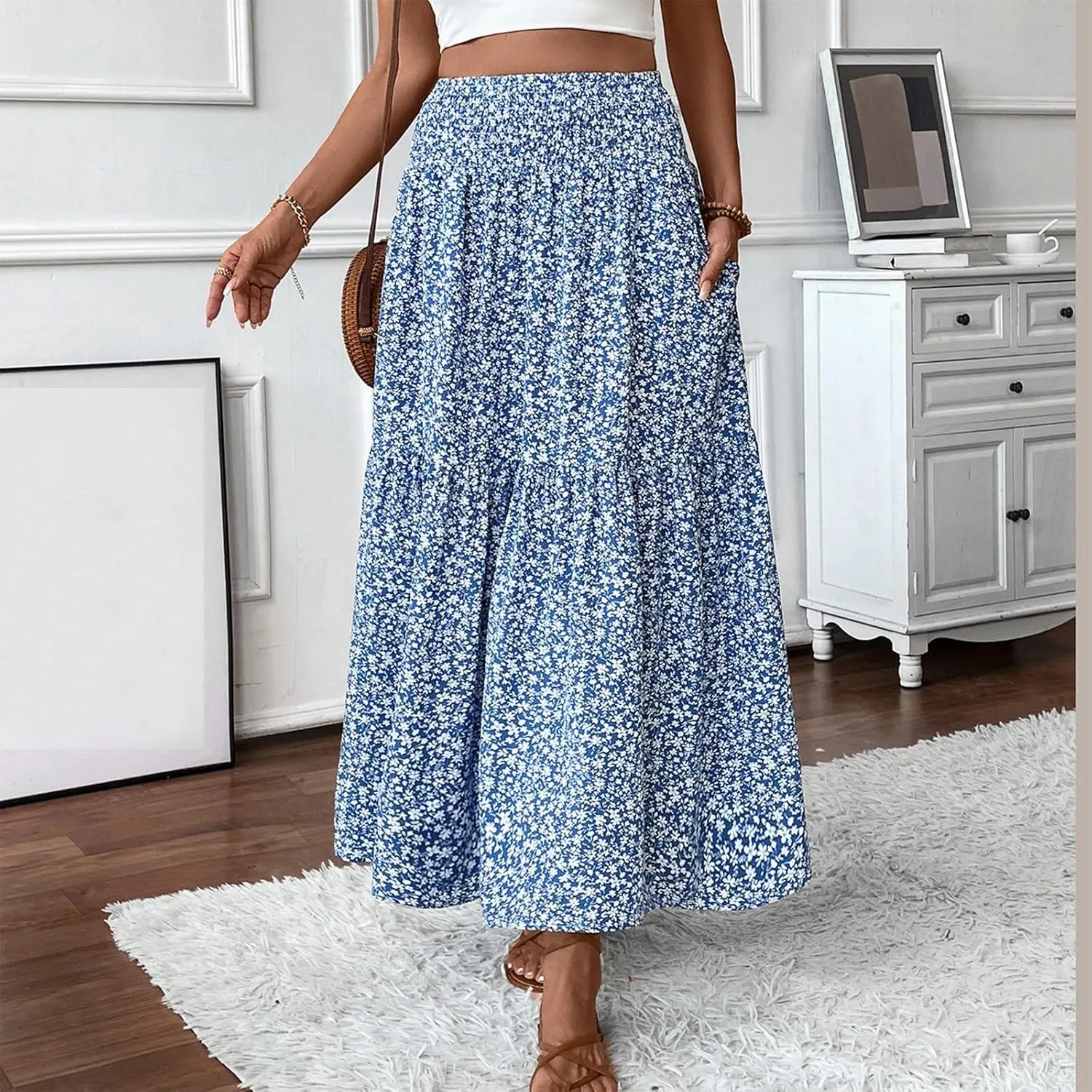 Maxi Skirts for Women Floral Boho Beach Flowy Tiered Midi Skirt High Waisted Long Skirts Drawstring A Line Skirt