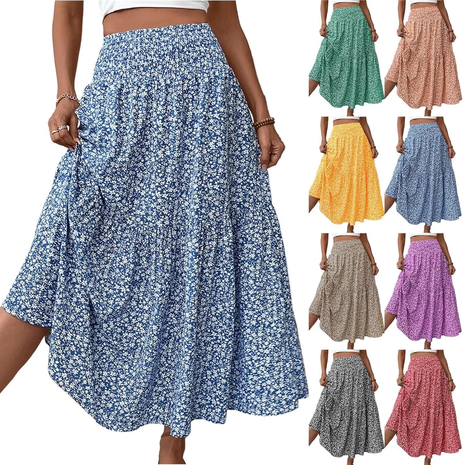 Maxi Skirts for Women Floral Boho Beach Flowy Tiered Midi Skirt High Waisted Long Skirts Drawstring A Line Skirt