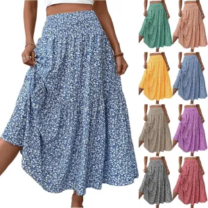 Maxi Skirts for Women Floral Boho Beach Flowy Tiered Midi Skirt High Waisted Long Skirts Drawstring A Line Skirt
