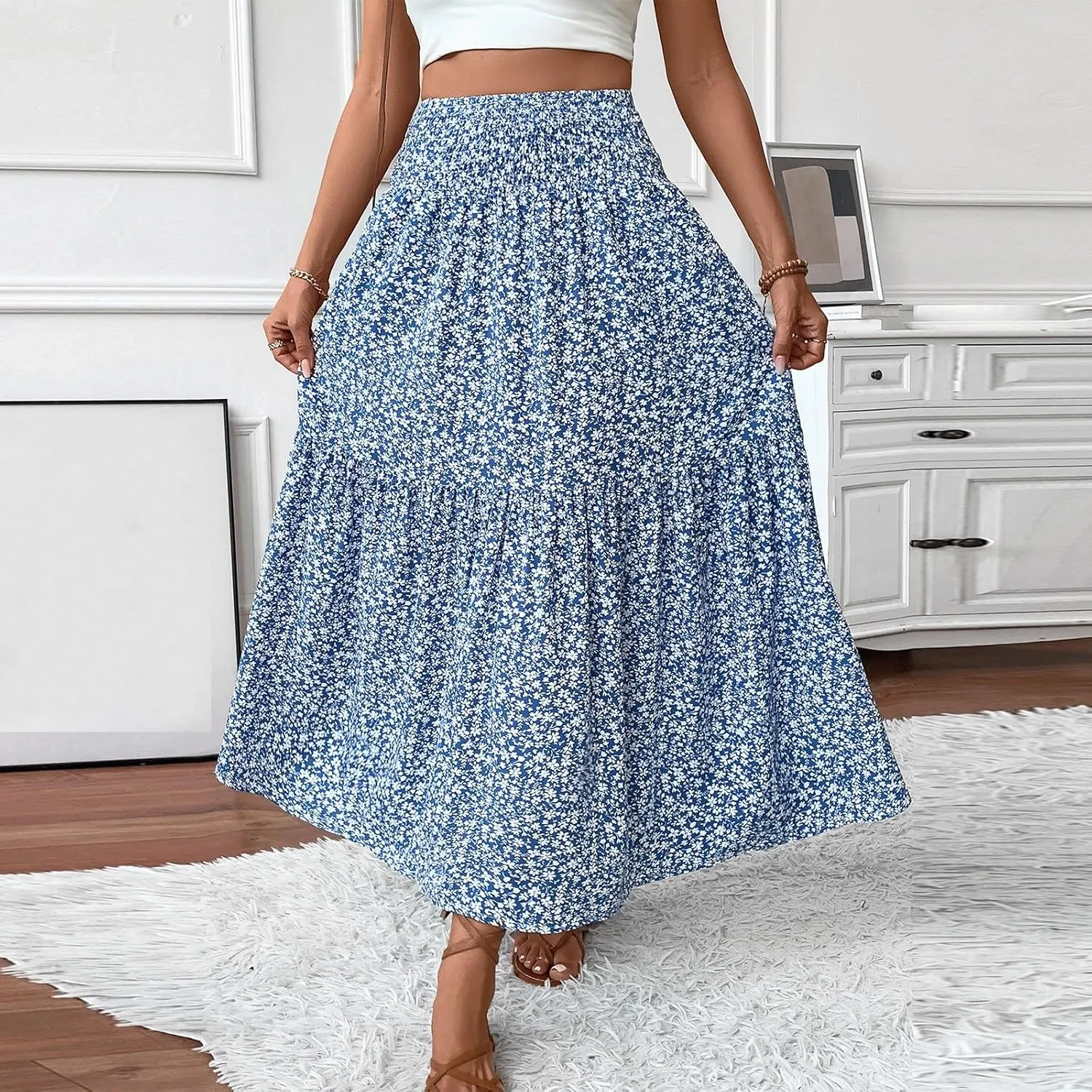Maxi Skirts for Women Floral Boho Beach Flowy Tiered Midi Skirt High Waisted Long Skirts Drawstring A Line Skirt