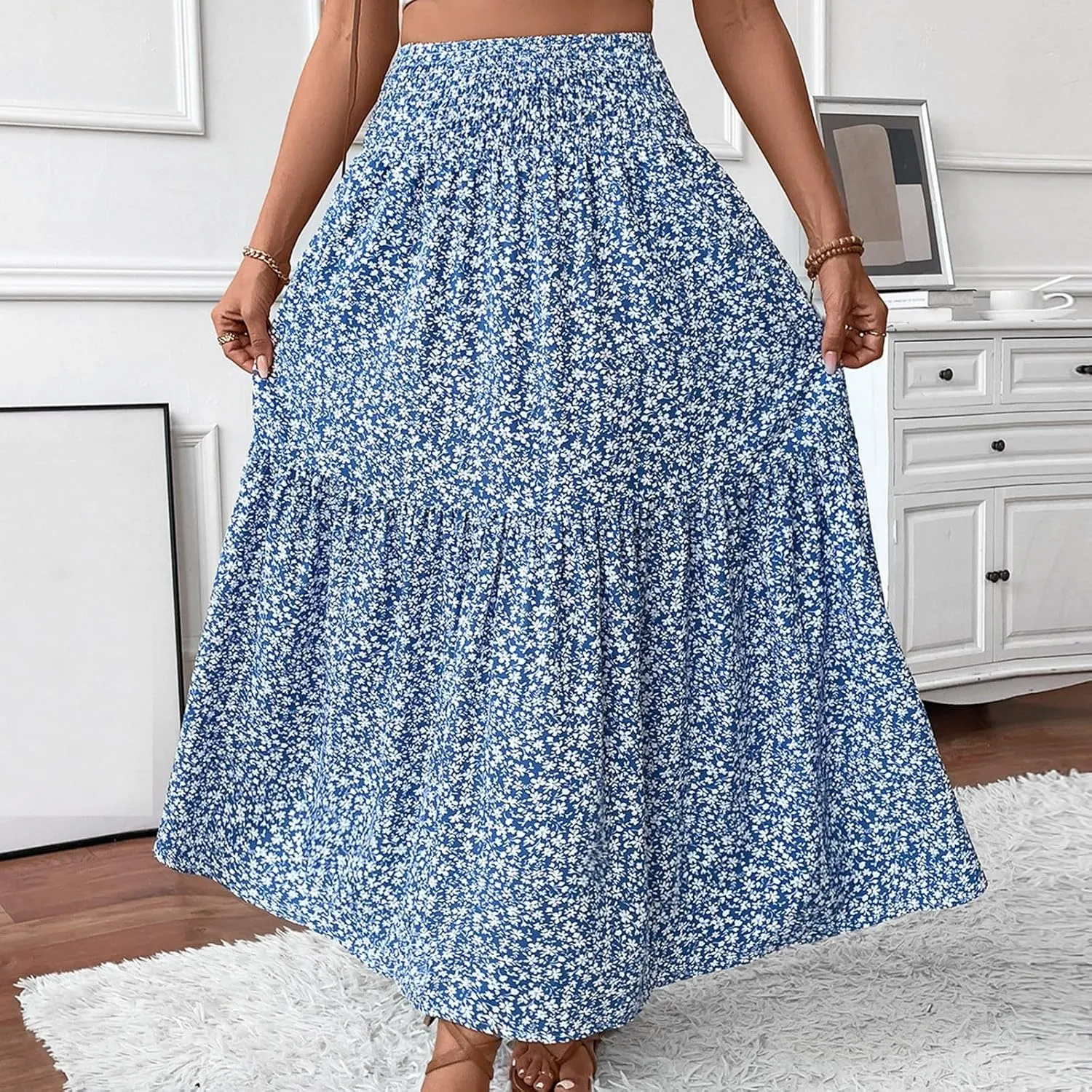 Maxi Skirts for Women Floral Boho Beach Flowy Tiered Midi Skirt High Waisted Long Skirts Drawstring A Line Skirt