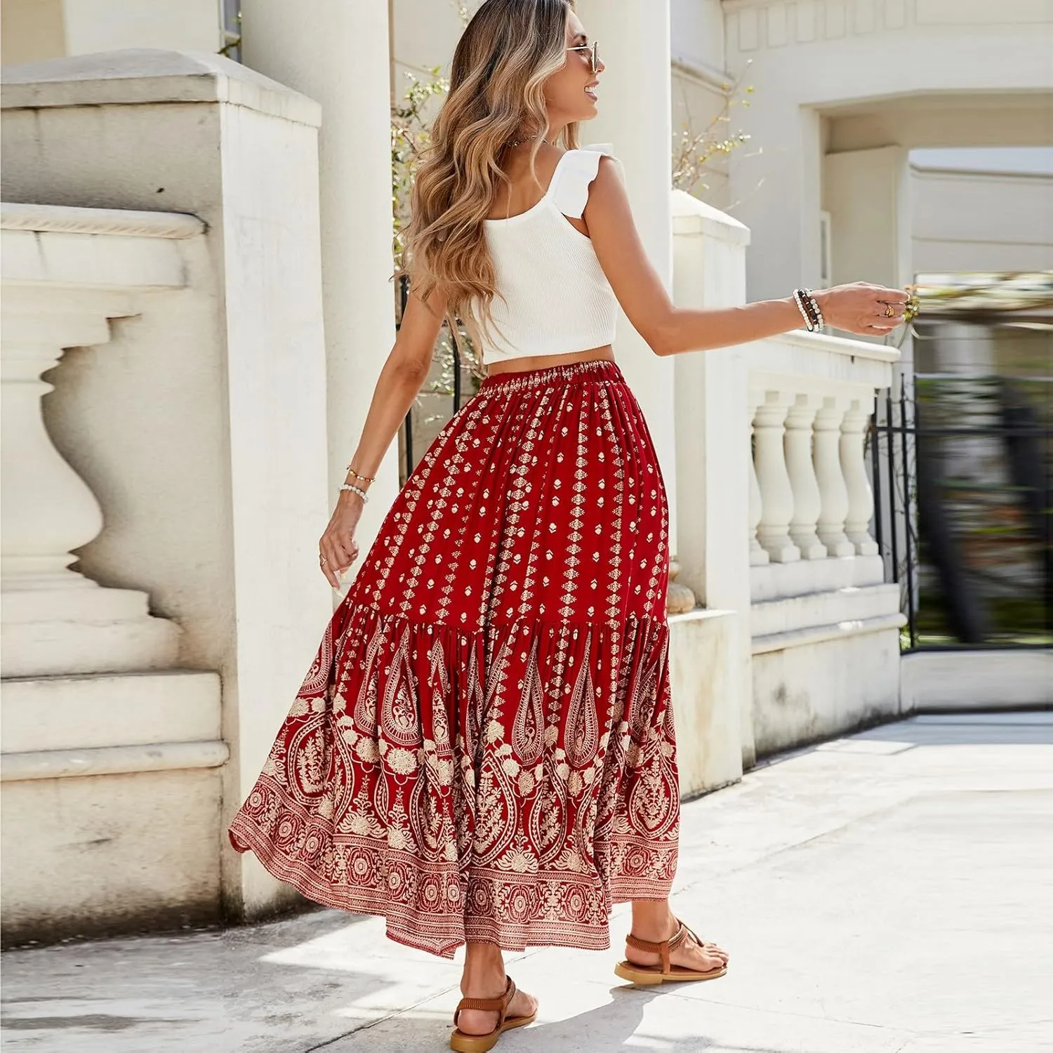 Maxi Skirts for Women,Beach Vacation Hawaiian Long Boho Skirt Spring Summer Elastic Waist Flowy Skirts 2025 Trendy