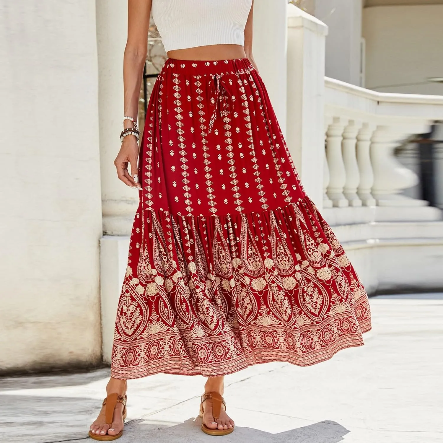 Maxi Skirts for Women,Beach Vacation Hawaiian Long Boho Skirt Spring Summer Elastic Waist Flowy Skirts 2025 Trendy