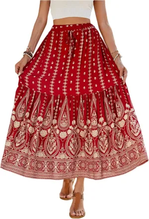 Maxi Skirts for Women,Beach Vacation Hawaiian Long Boho Skirt Spring Summer Elastic Waist Flowy Skirts 2025 Trendy