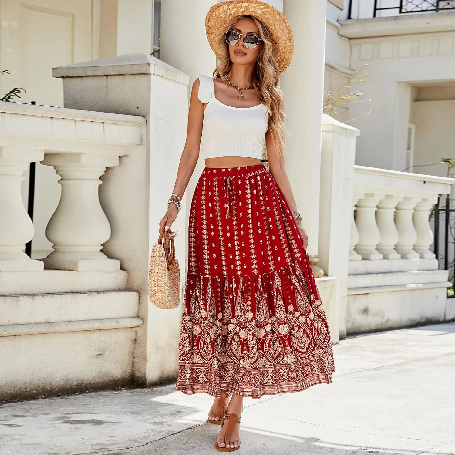 Maxi Skirts for Women,Beach Vacation Hawaiian Long Boho Skirt Spring Summer Elastic Waist Flowy Skirts 2025 Trendy