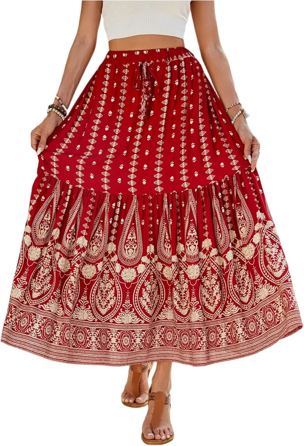 Maxi Skirts for Women,Beach Vacation Hawaiian Long Boho Skirt Spring Summer Elastic Waist Flowy Skirts 2025 Trendy