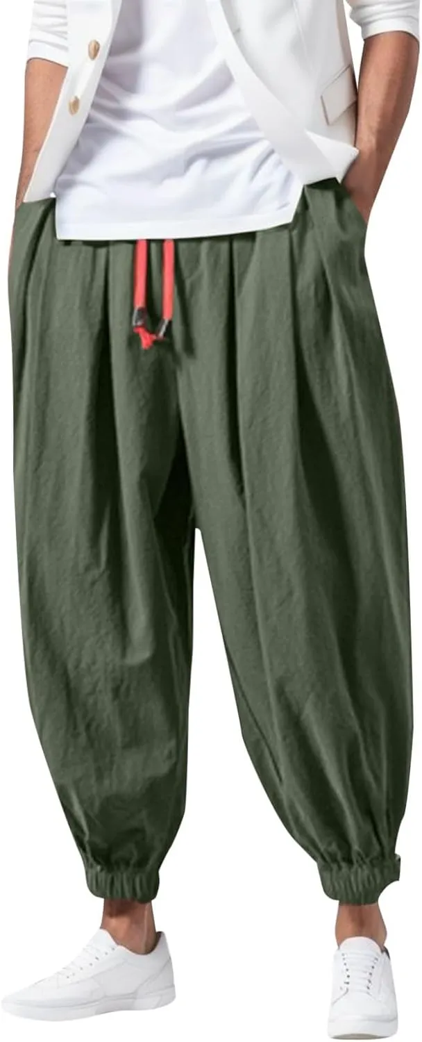 Men Cargo Combat Work Pants Casual Linen Stretchy Linen Pant Cuffed Hem Sweatpant Joggers Loose Fitness