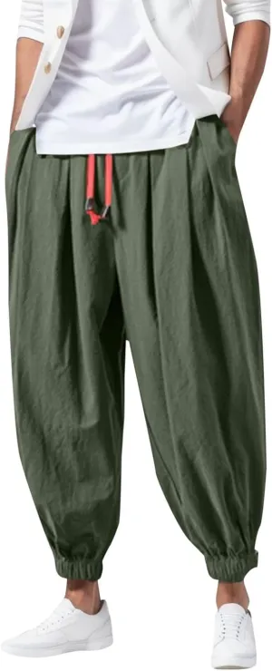 Men Cargo Combat Work Pants Casual Linen Stretchy Linen Pant Cuffed Hem Sweatpant Joggers Loose Fitness
